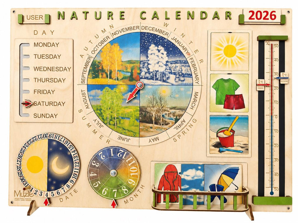 Personalized Wooden Nature Calendar | Montessori Weather & Seasons Learning Board | Preschool Wall Calendar | Waldorf Homeschool