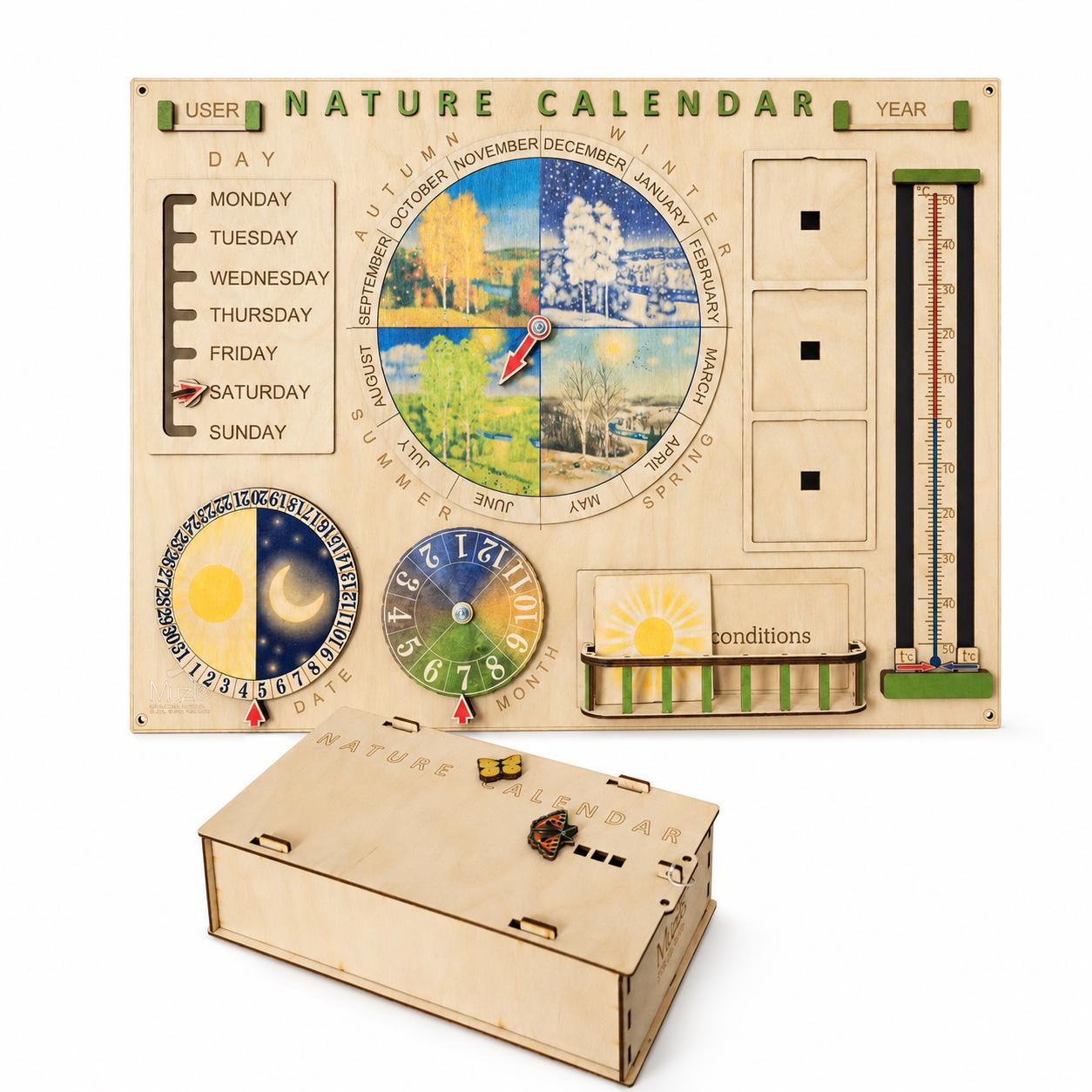 Personalized Wooden Nature Calendar | Montessori Weather & Seasons Learning Board | Preschool Wall Calendar | Waldorf Homeschool